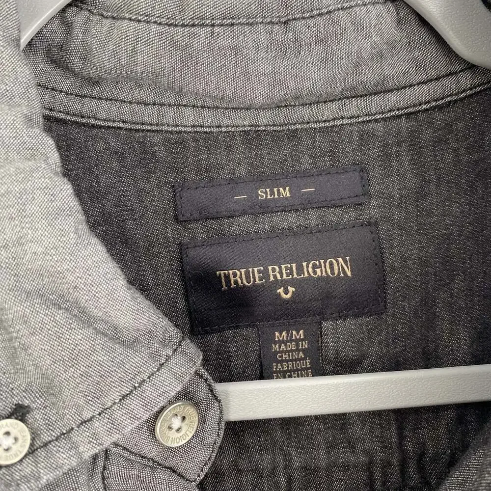 True Religion Men’s Size Medium Gray / Black Button Up Collared Slim LS Shirt
